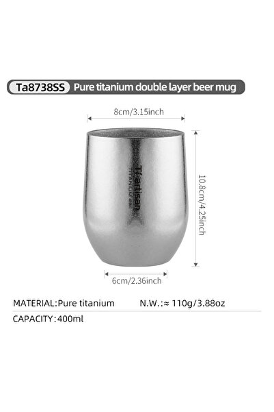 Choice 8738SS-400ML Tiartisan 255 مل/400 مل كوب بيرة من التيتانيوم الخالص، أدوات شرب للتخييم في الهواء الطلق خفيفة الوزن