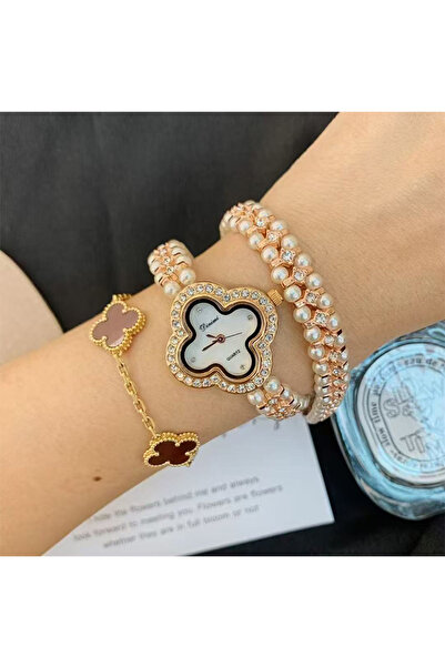 Youtrico ساعة دينيمي النسائية، ذهب وردي، لؤلؤ وماسات، زهرة البرسيم الرباعية