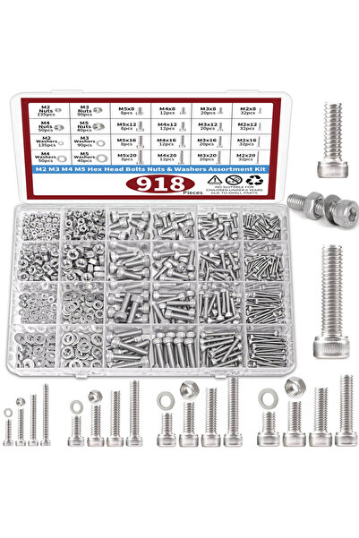 Choice 918pcs Kit 918pcs Nuts and Bolts Assortment Kit - M2, M3, M4, M5 Hex H...