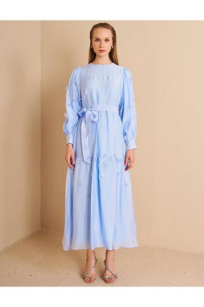 Kayra Φόρεμα Ice Blue Jacquard, Σχέδιο Απλικέ Λουλούδι