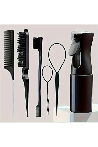 Choice مجموعة فرشاة شعر سوداء مكونة من 6 قطع وزجاجة رش لتصفيف الشعر وحلقة لتض...