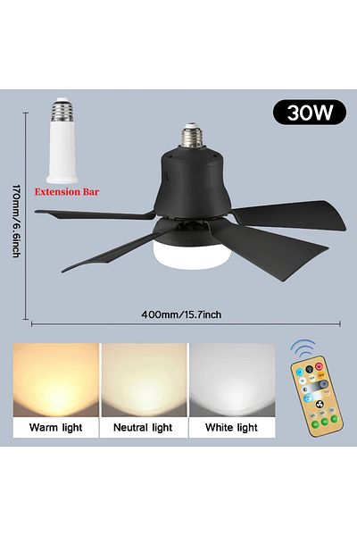 JONCELY Black E27 Screw Head LED Fan Light Remote Control Three Color Dimming Detachable Fan Leaf for Kitche