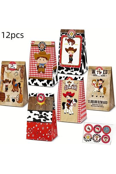 Choice 12x22cm other MULTI 12pcs Western Cowboy themed gift bag, with foldable sticker sealing, suitable fo