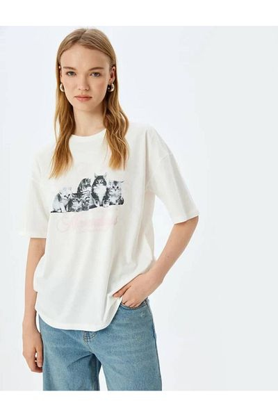 Koton Cat Printed Crew Neck Oversize Short Sleeve Cotton T-Shirt
