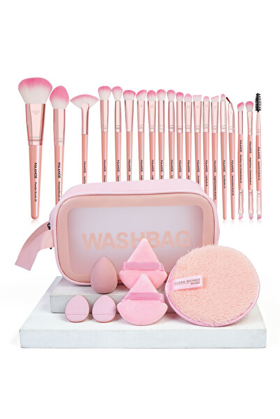 Choice مجموعة أدوات مكياج مانج الوردية، 27 قطعة، 20 فرشاة أساس وكونتور وأحمر خدود مع بودرة مثلثة