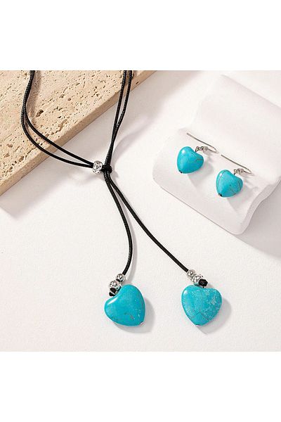 Choice AMS80020 Obega Turquoise Stone Heart Pendant Necklace Earring Set Charming Love Heart Shape Pendant