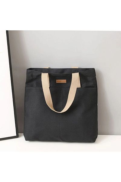 Choice black 1Pc Women Canvas Tote Bag Large Capacity Handbag Practical Sewing Thread Design Commuter Bag f