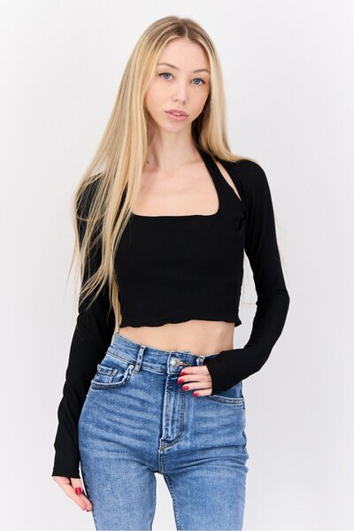 Don't Call Me Jennyfer Women Boat Neck Long Sleeve Ribbed Blouse, Black