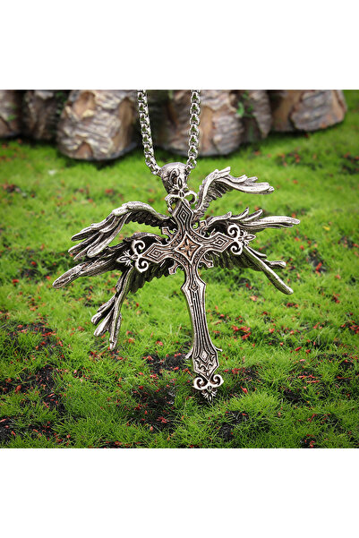 Choice AL21393- قلادة فضية عتيقة على شكل ملاك مقدس بستة أجنحة وصليب، قلادة مخ...