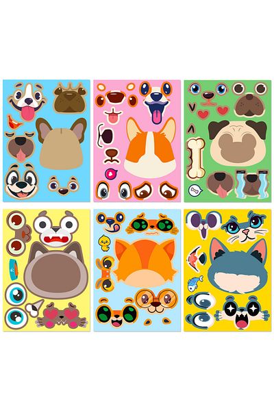 Choice 6pcs 6 pcs cute cat and dog DIY puzzle stickers, funny face dressing, assembling puzzle stickers, ch