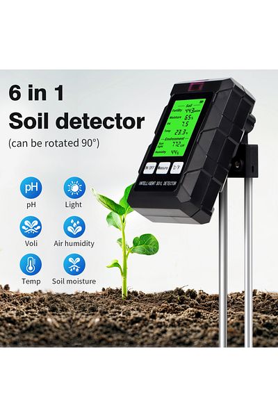 JUANJUAN black 90 Degrees Rotation 6 in 1 Soil Meter Soil PH Tester Moisture Fertility Temperature Air Humidi