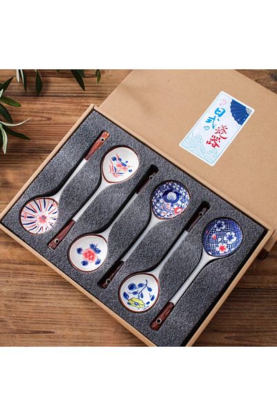 Choice Blue Gift Set Household Ceramic Spoon Hand-painted High-value Long-handled Spoon Creative Dessert Sp