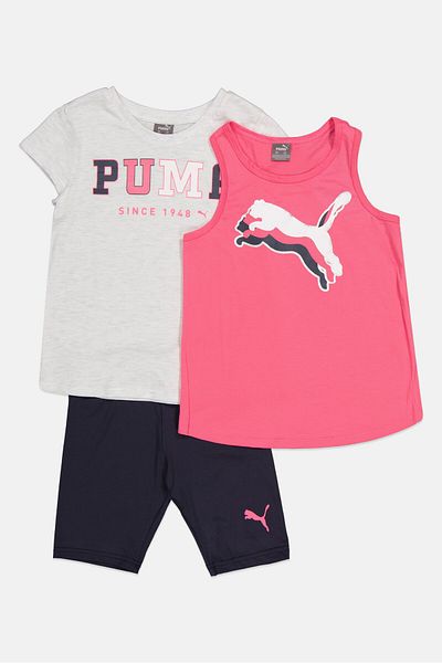 Puma Kids Girl 3pcs Brand Logo Top And Pull Shorts Set, White Heather/ Navy/pink