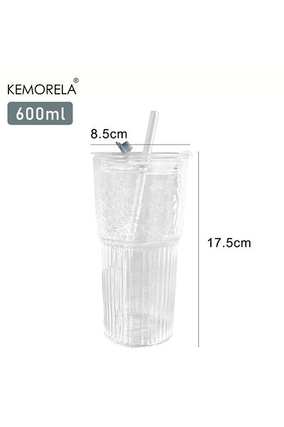 Choice 600ml 1PCS 600ML Stripe Glass Cup with Lid and Straw Transparent Drinking Glasses for Juice Iced Cof