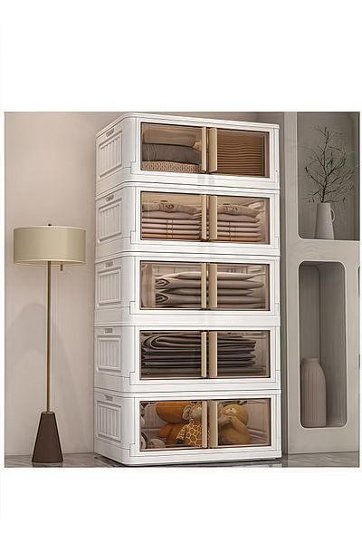 COOYA 5 stackable storage boxes,large capacity,foldable and movable,with wheels,easy to install,white