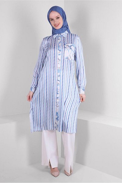 Alvina Striped Buttoned Pocket Detailed Tunic 43707