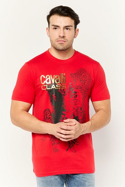 Cavalli Class Men Crew Neck Short Sleeve Graphic T Shirt, Red