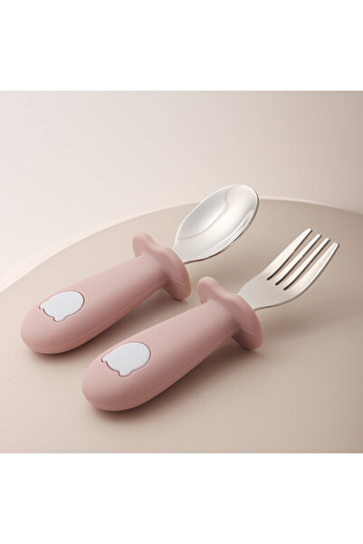 choice2 pink Baby Panda Shape Silicone Spoon and Fork Stainless Steel Baby Fe...