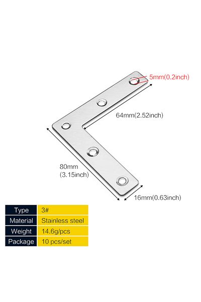 Choice 80L(10pcs) 10 Pcs Flat Corner Brace, L Type Shelf Bracket 50/60/80mm(1.97/2.36/3.15inch), Heavy Duty