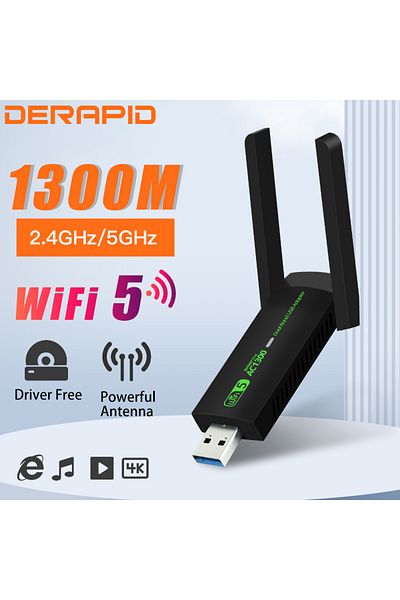 DERAPID محول واي فاي USB بسرعة 1300 ميجابت في الثانية، نطاق مزدوج 2.4 جيجاهرتز 5 جيجاهرتز، مستقبل إشارة لاسلكي، وضع AP لأجهزة الكمبيوتر الشخصية/الكمبيوتر المحمول...