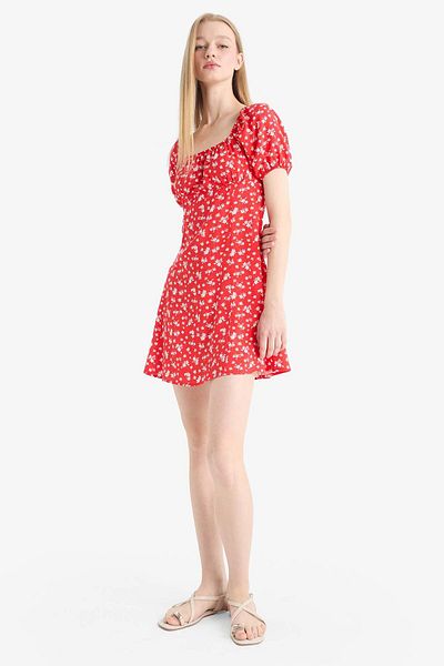 DeFacto Coool Square Neck Patterned Viscose Short Sleeve Mini Dress E0873Ax25Sp