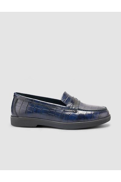 Cabani 100% Genuine Leather Navy Blue Croco Pattern Women's Loafer