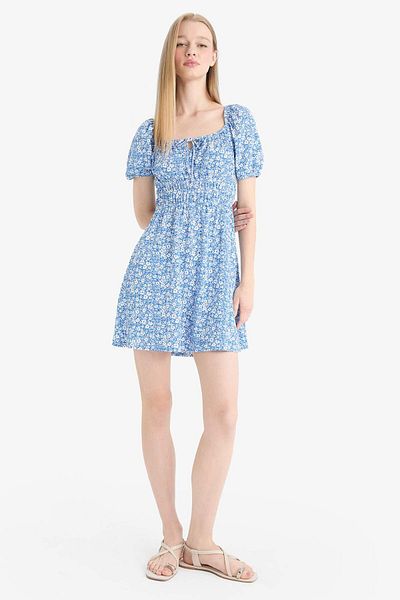 DeFacto Mini rochie de vară cu mânecă scurtă cu guler pătrat floral E0874ax25sm