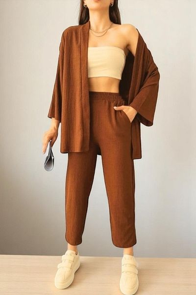 fh fashionhere Seersucker Fabric Women's Brown Kimono Suit with Pants (S-M-L Size Standard)