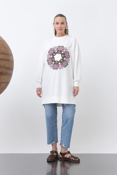 Puane Women's Round Flower Embroidered Tunic - 10668Tun - Ecru