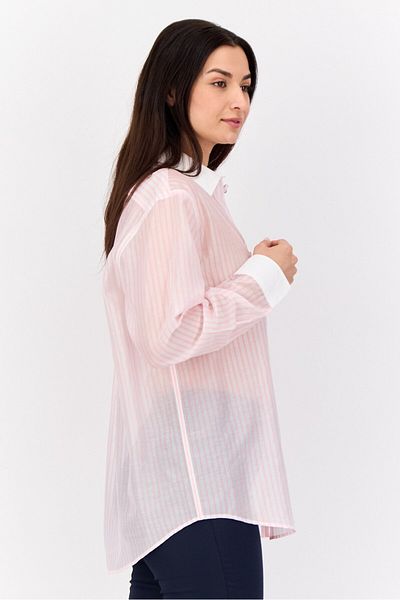 Esprit Women Spread Collar Long Sleeves Sheer Stripe Shirt, Multicolor