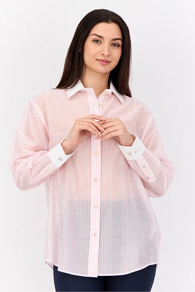 Esprit Women Spread Collar Long Sleeves Sheer Stripe Shirt, Multicolor