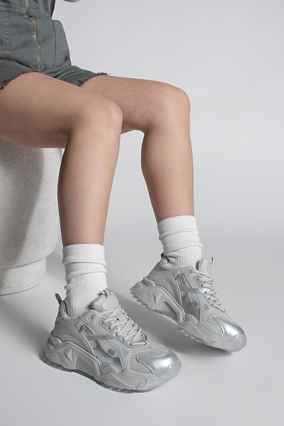 Marjin Pantofi de damă Pizen Silver - Pantofi sport cu talpă groasă și șireturi