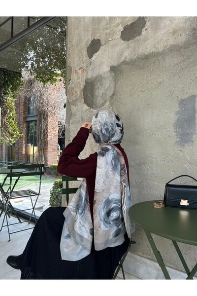 Qalortex Scarf Şal din bumbac cu model trandafir-gri/ nurcă