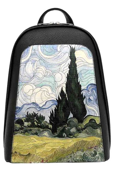Dogo Women's Vegan Leather Multicolor Backpack - Vincent Van Gogh a Wheat Field with Cypresses Design