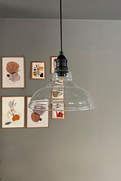 Bamyum Vishi Cam Şeffaf Tekli Avize Siyah Lale Başlık Retro Sarkıt Lamba Rest...