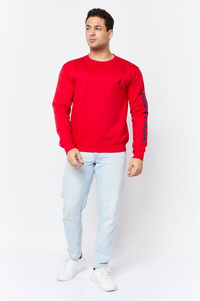 Nautica Men Crew Neck Embroidered Logo Long Sleeves Sweatshirt, Red