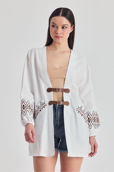 Rays White Leather Belt Detailed Ethnic Patterned Kimono 4363A