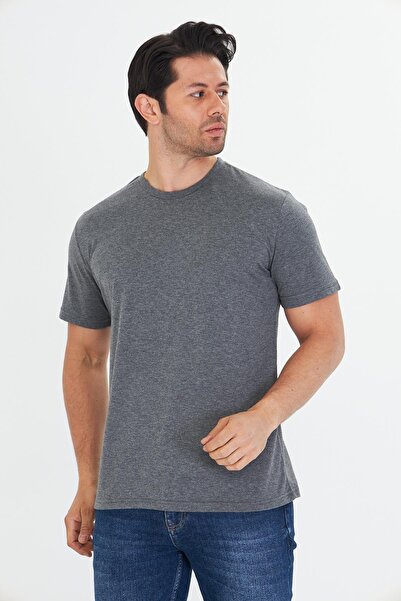 TRENDHİLL Men's Plus Size Cotton Crew Neck T-Shirt Anthracite 5014B-A