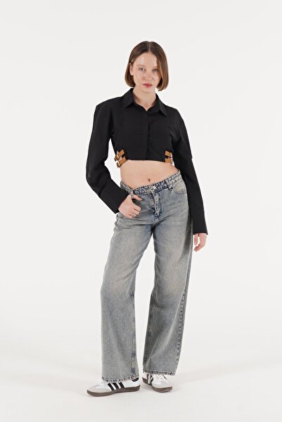 Hipo Trend Μαύρο Crop πουκάμισο - Πλαϊνή ζώνη και κουμπιά