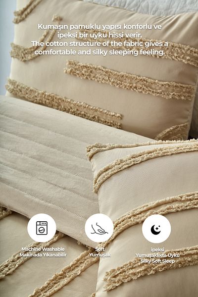 Evlen Home Collection طقم مفرش سرير قطن ساشا منقوش مقاس مزدوج بوهو 3 قطع مع حشوة بيج