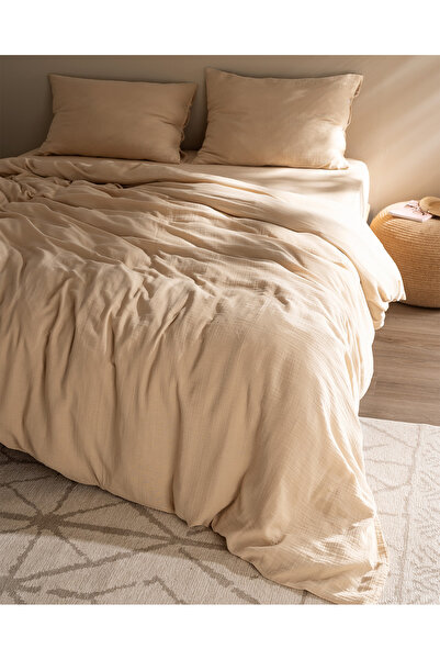 Madame Coco Beige Marla Muslim King Size 100% Cotton Elastic Duvet Cover Set