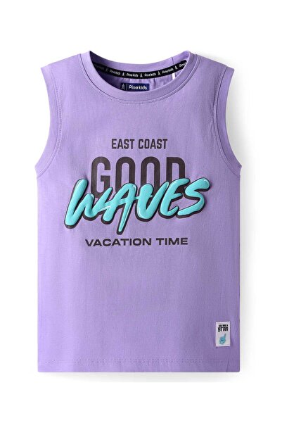 Pine kids تي شيرت باين كيدز بدون أكمام من القطن المحبوك مع طبعة نص "أمواج رائ...
