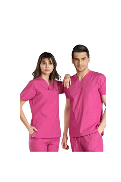 ÇİZGİ MEDİKAL FUŞYA V Yaka Scrubs (Terikoton/İnce Kumaş) t200
