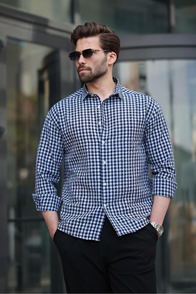 Madmext Lacivert Pötikareli Uzun Kollu Erkek Gömlek E6763