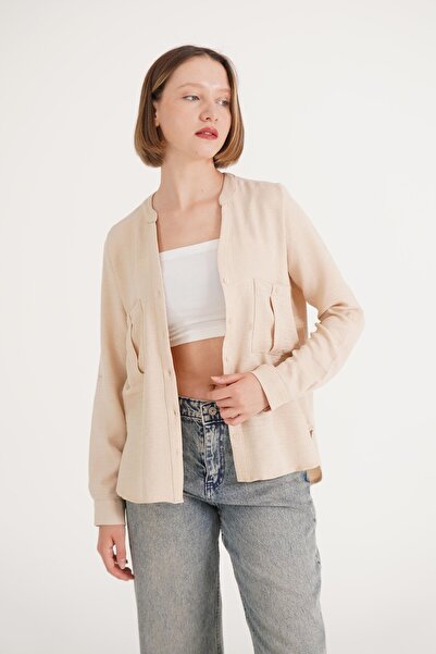 Hipo Trend Μπεζ πουκάμισο με λαιμόκοψη - Διπλή τσέπη