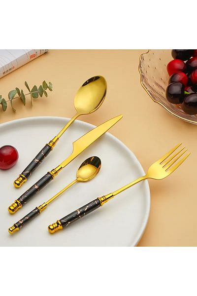 VAV GET 24-Piece Flatware Cutlery Set Service for 6 People, Elegant, Gold/Black Handle