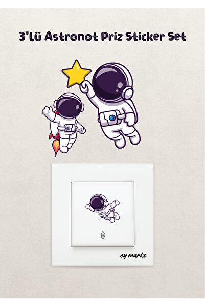alışveriş kurdu Duvar Priz Sticker - 3'lü Astronot Temalı Erkek Çocuk Odası D...