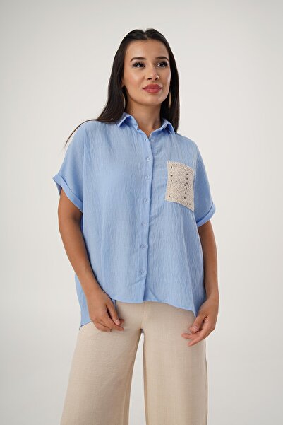 Hipo Trend Cămașă tricotată albastră cu mânecă scurtă - cu buzunar