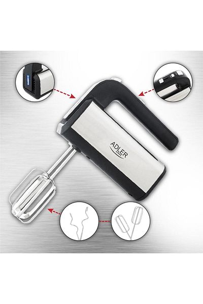 adler Mixer de mana Adler AD 4225, 800 W, 5 viteze, Turbo, LED (Negru/Inox)