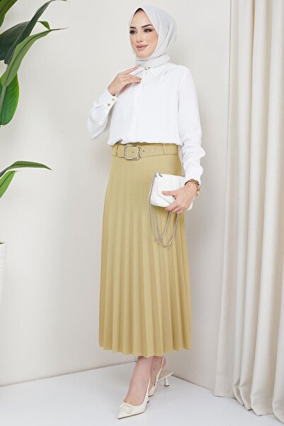 hafsamina Belted Pleated Skirt - Beige Hm2104